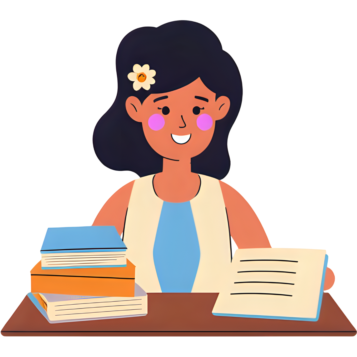 Illustration of a woman resting her head on her hand surrounded by books, representing reflection, learning, and joyful purpose — The Social Leadership Coach.