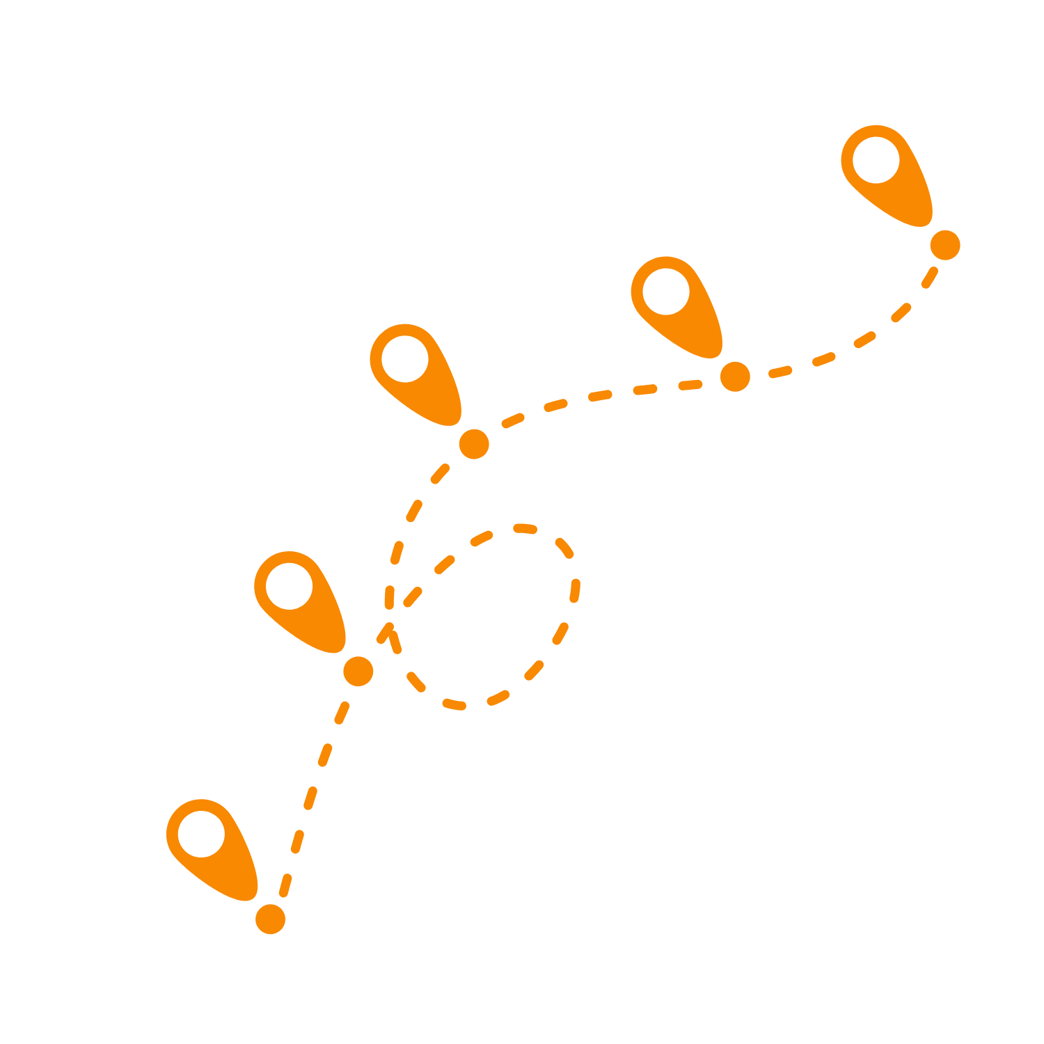 Illustration of a dotted path with location pins representing the personal growth journey and thought partnership in coaching — The Social Leadership Coach.