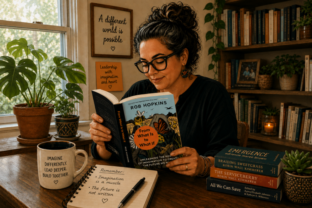 Middle age woman reading a book about imagination
