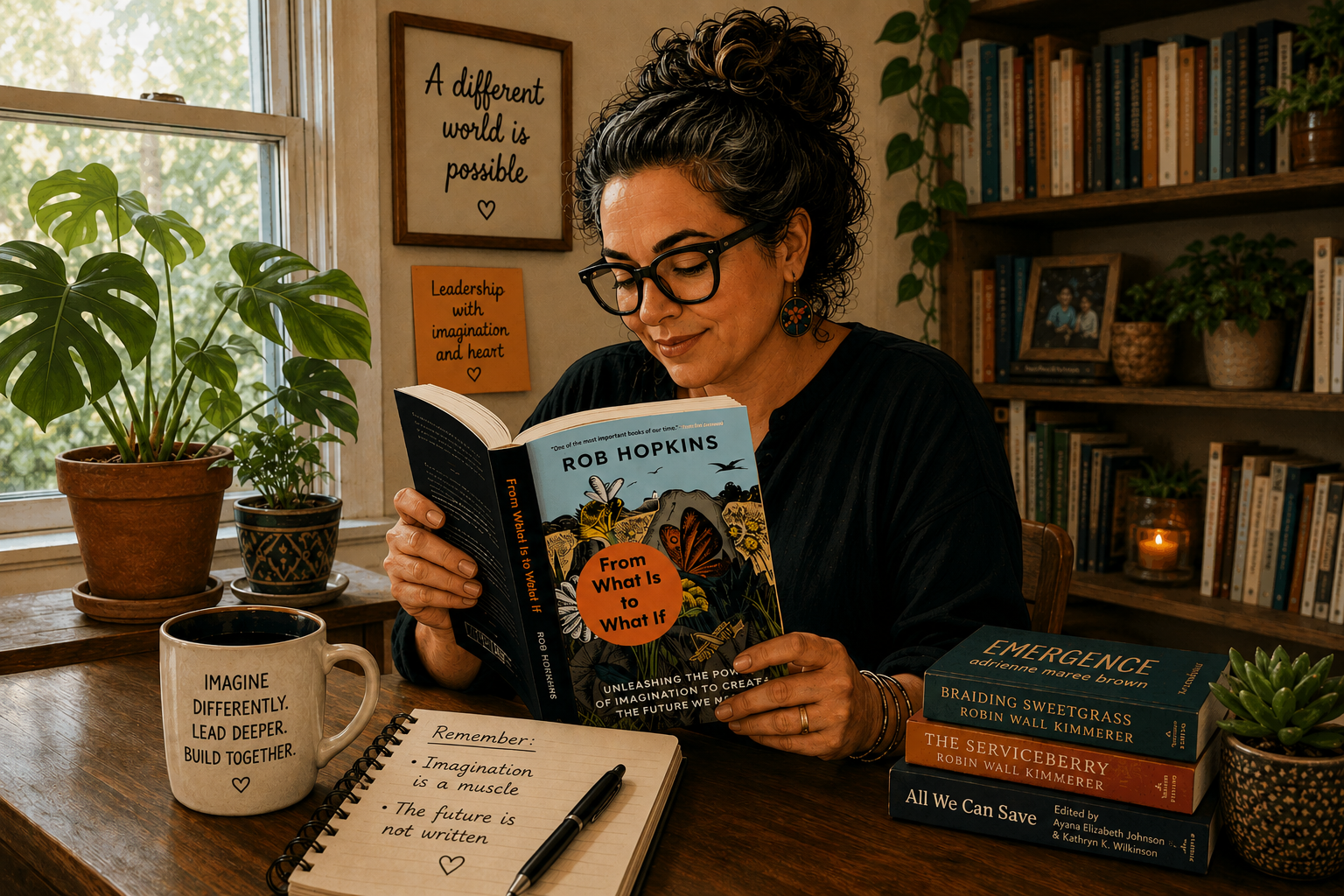 Home 13 Middle age woman reading a book about imagination