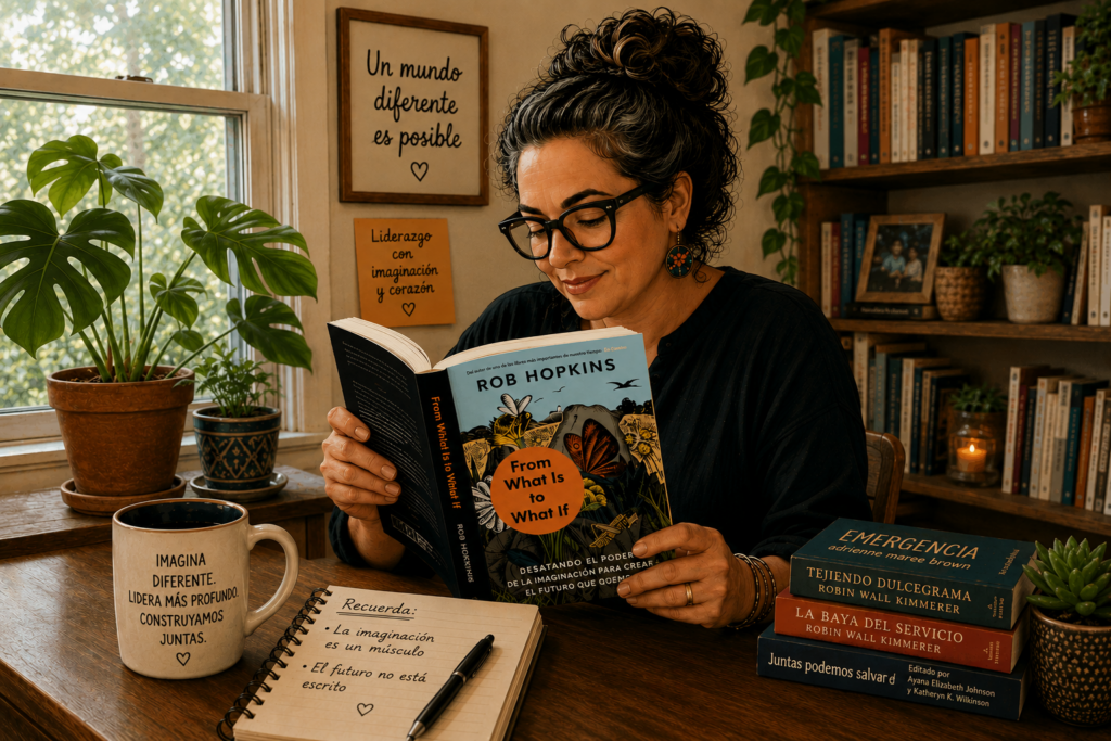 Mujer de mediana edad leyendo un libro sobre la imaginación
